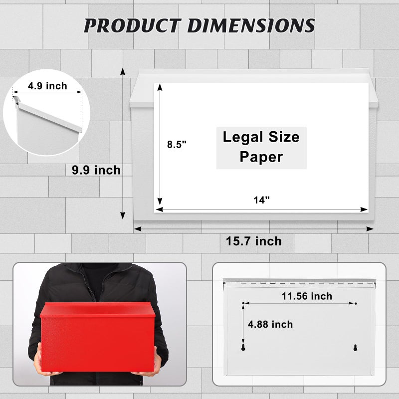 KYODOLED Wall-Mount Mailbox, Large Capacity Mail Box, Galvanized Steel Rust-Proof Metal Post Box, Mailboxes for Outside,15.7"x9.9"x4.9" White - Image 2